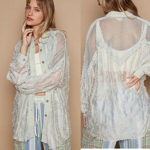 NEW POL Sheer Lace Button Down Shirt - Sage! SZ Small